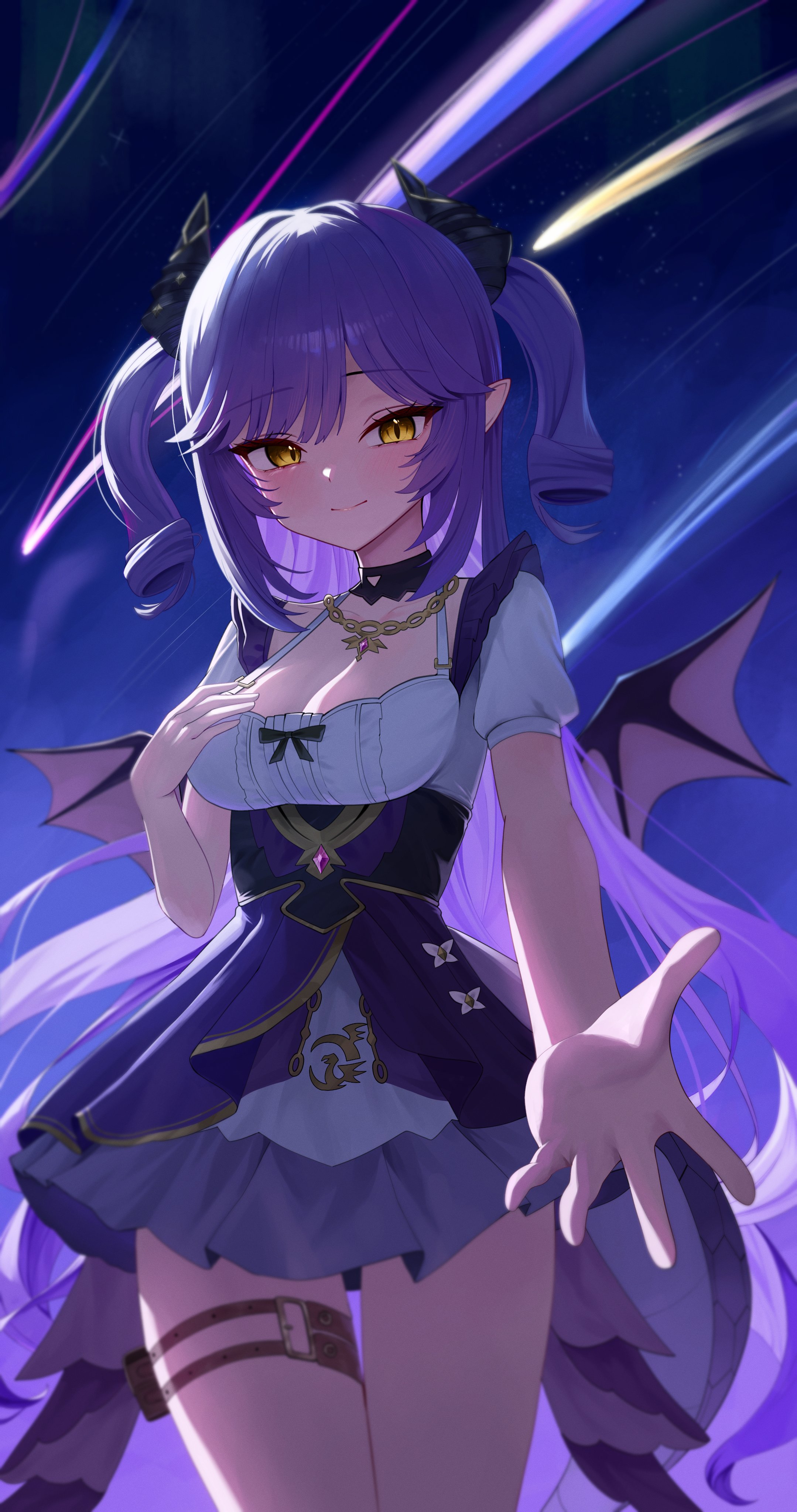 poppo myupunk98, sakihane huya, stellive, absurdres, hashtag-only commentary, highres, 1girl, belt, black bow, black horns, bow, breasts, brown belt, cleavage, closed mouth, comet, dragon girl, dragon horns, dragon tail, dragon wings, gem, gold necklace, gold trim, hair intakes, hand up, horns, jewelry, large breasts, light blush, long hair, necklace, night, night sky, offering hand, pink gemstone, pointy ears, pouch, purple hair, purple skirt, shirt, shirt bow, sidelocks, skirt, sky, slit pupils, smile, solo, standing, star (sky), tail, thigh belt, thigh pouch, thigh strap, thighs, two side up, very long hair, virtual youtuber, white shirt, wings, yellow eyes
