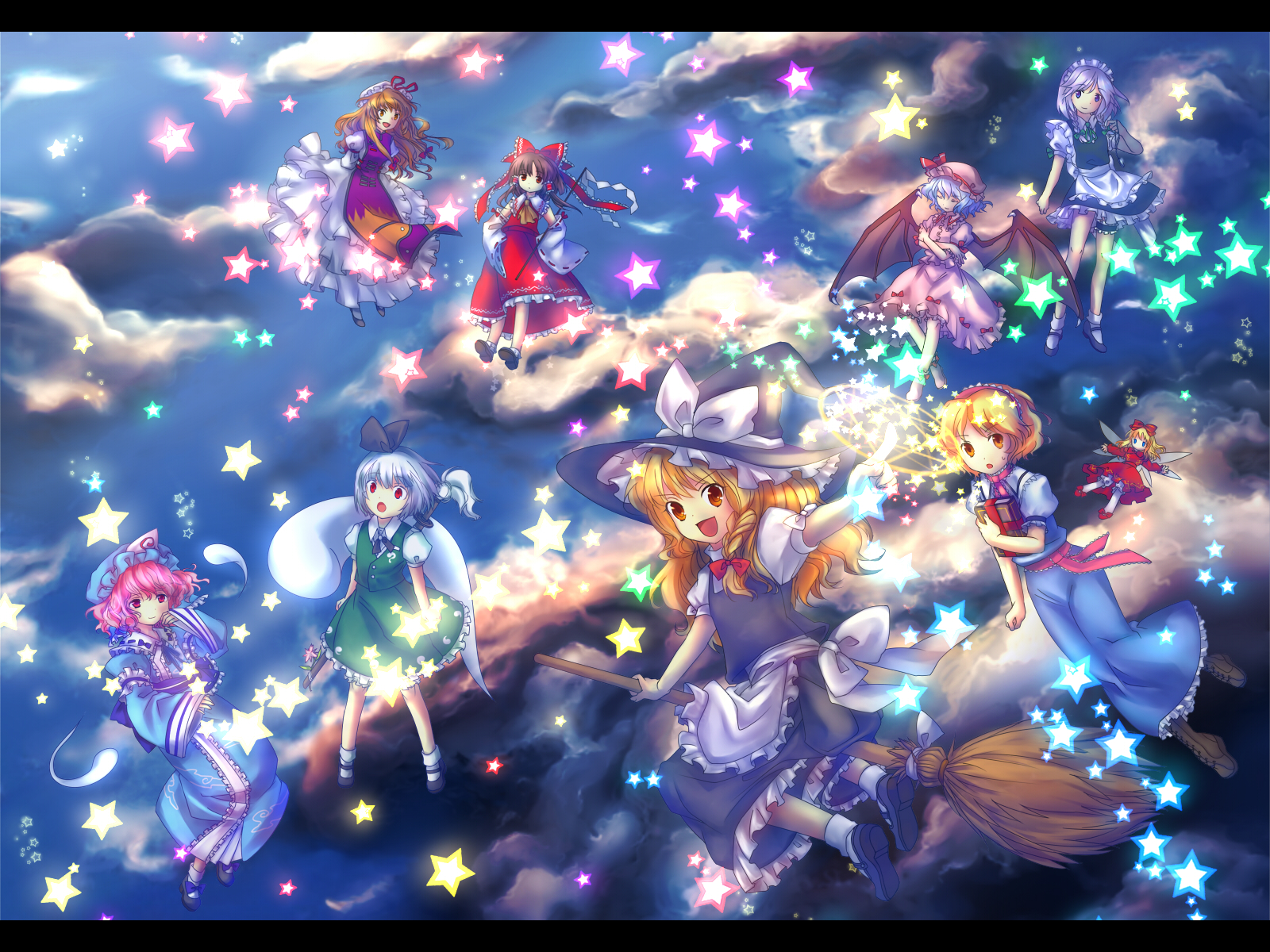 enone, alice margatroid, hakurei reimu, izayoi sakuya, kirisame marisa, konpaku youmu, konpaku youmu (ghost), remilia scarlet, saigyouji yuyuko, shanghai doll, yakumo yukari, imperishable night, touhou, silver hair, highres, 6+girls, apron, bat wings, blonde hair, blue hair, book, boots, bow, braid, broom, broom riding, brown eyes, brown hair, cloud, crossed arms, detached sleeves, doll, female focus, floating, flying, frilled thigh strap, ghost, gohei, grimoire, grimoire of alice, hair bow, hairband, hat, hitodama, japanese clothes, katana, large bow, letterboxed, long hair, magic circle, maid, maid apron, mary janes, miko, multiple girls, open mouth, orange eyes, outdoors, pink eyes, pink hair, pocket watch, pointing, red eyes, ribbon, shoes, short hair, side braid, skirt, sky, smile, socks, star (sky), star (symbol), starry sky, sword, thigh strap, twin braids, watch, weapon, white socks, wings, witch, witch hat