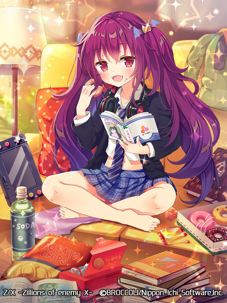 serino itsuki, z/x, official art, 1girl, bag of chips, bat hair ornament, black jacket, blue skirt, book, copyright notice, couch, cropped shirt, donut, fang, food, food on face, game console, hair ornament, headphones, headphones around neck, holding, holding donut, holding food, indian style, indoors, jacket, lampshade, long hair, looking at viewer, midriff, navel, nei (z/x), on couch, open book, open mouth, plastic bottle, red eyes, red hair, school uniform, shirt, sitting, skirt, solo, sparkle, twintails, white shirt