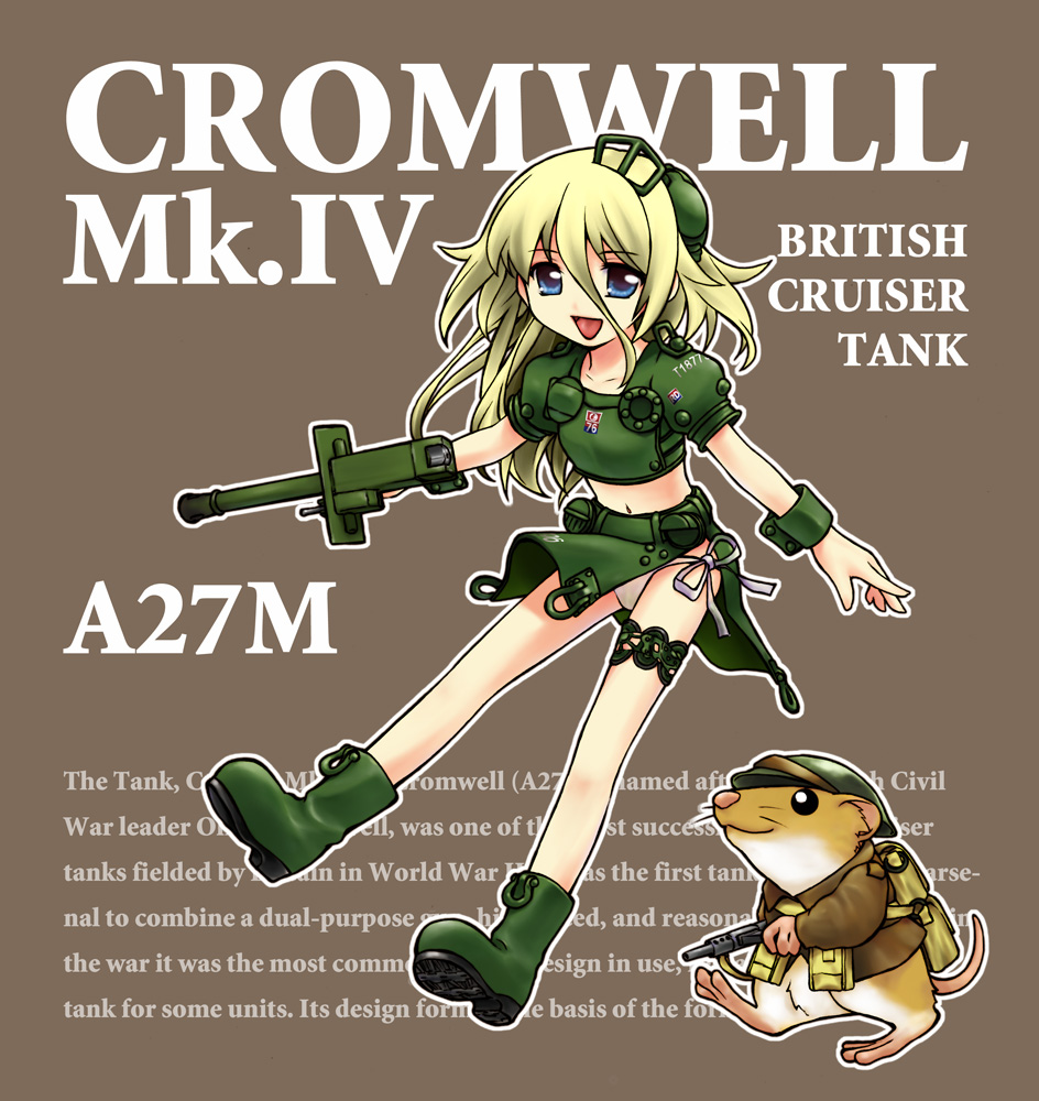 acea4, vehicle, bad id, bad pixiv id, 1girl, boots, crop top, english text, female focus, green boots, gun, mecha musume, midriff, military, military vehicle, motor vehicle, mouse (animal), open mouth, panties, side-tie panties, smile, solo, sten gun, submachine gun, tank, underwear, weapon, world war ii