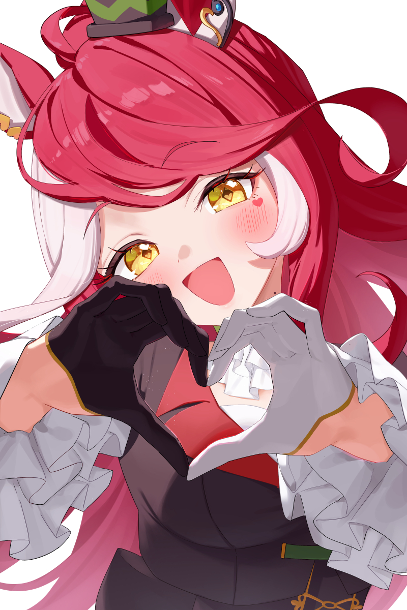 saboten mushi, loves only you (9927 wishes) (umamusume), loves only you (umamusume), umamusume, commentary request, highres, 1girl, animal ears, asymmetrical gloves, black coat, black gloves, blush, coat, diamond-shaped pupils, diamond (shape), facial mark, four-finger heart hands, frilled sleeves, frills, gloves, heart, heart facial mark, heart hands, horse ears, horse girl, long hair, long sleeves, looking at viewer, mark under eye, mismatched gloves, open mouth, red hair, simple background, smile, solo, symbol-shaped pupils, upper body, white background, white gloves, white hair
