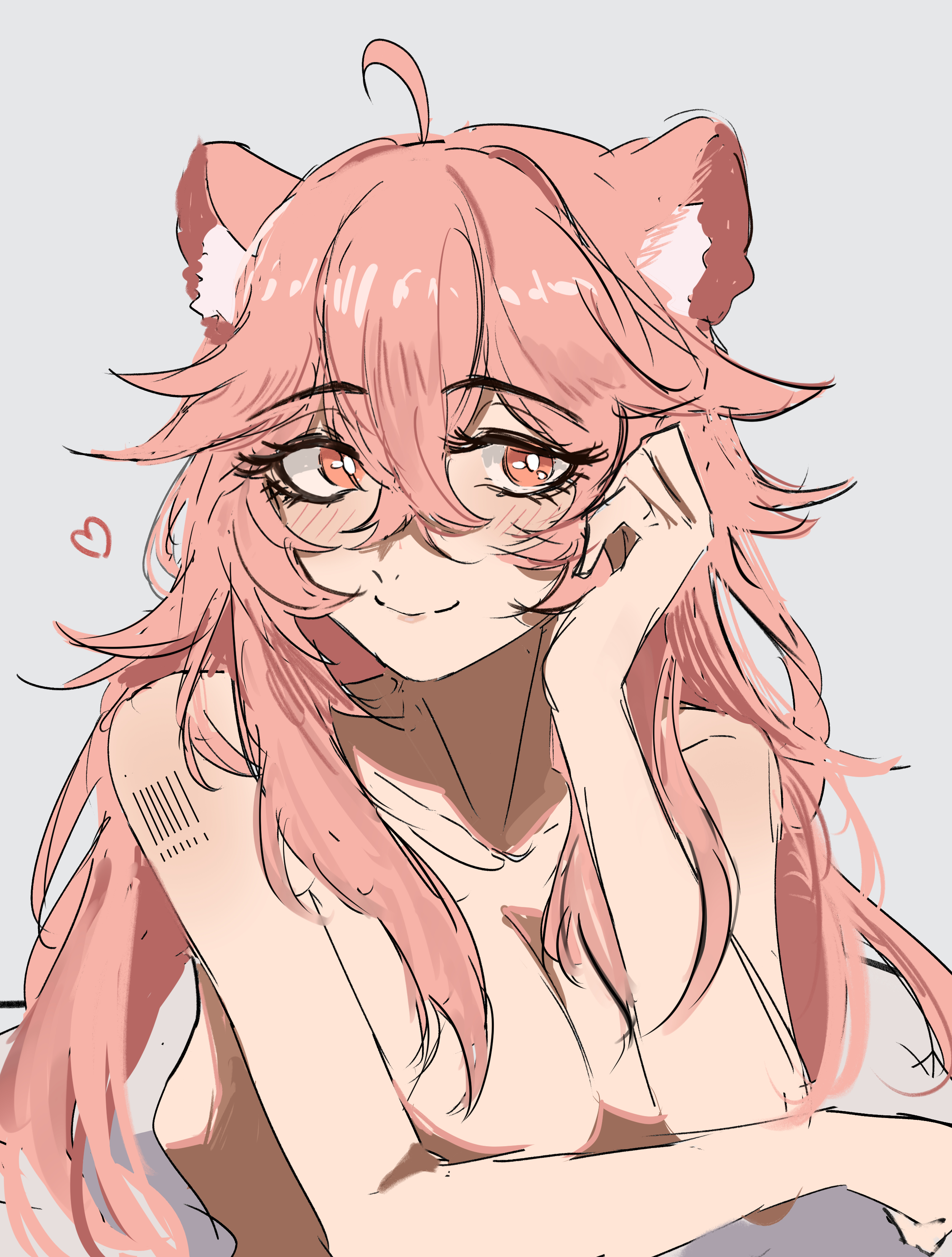 shino duka, gravel (arknights), arknights, absurdres, highres, 1girl, ahoge, animal ears, arm tattoo, barcode, barcode tattoo, blush, convenient arm, grey background, long hair, looking at viewer, nude, pink eyes, pink hair, simple background, smile, solo, tattoo, upper body