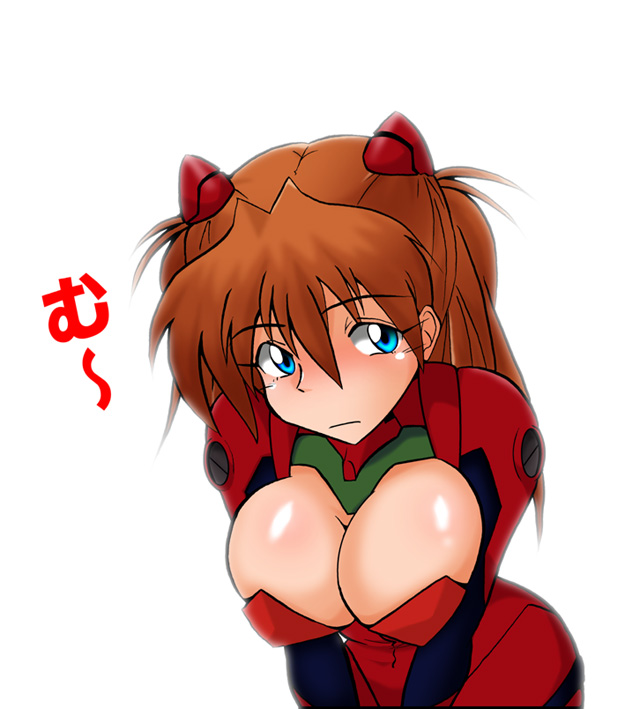 hetano yokoduki, souryuu asuka langley, neon genesis evangelion, 1girl, alternate breast size (larger), blue eyes, blush, bodysuit, breasts, breasts squeezed together, brown hair, cleavage, cleavage cutout, clothing cutout, cowboy shot, facing viewer, female focus, half updo, large breasts, long hair, looking at viewer, mecha pilot suit, open bodysuit, open clothes, plugsuit (evangelion), red bodysuit, simple background, solo, v arms, white background