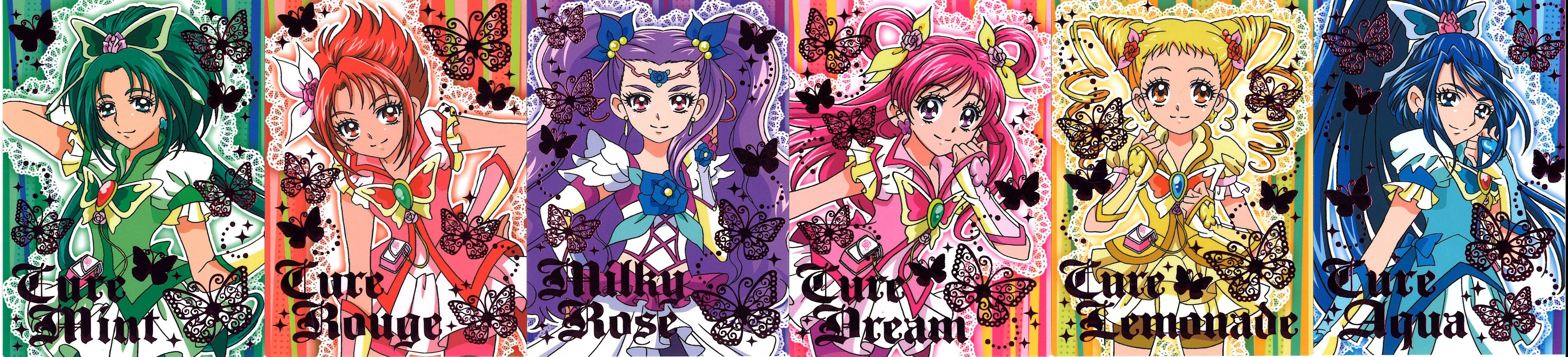 akimoto komachi, cure aqua, cure dream, cure lemonade, cure mint, cure rouge, kasugano urara (yes! precure 5), milk (yes! precure 5), milky rose, mimino kurumi, minazuki karen, natsuki rin, yumehara nozomi, precure, yes! precure 5, yes! precure 5 gogo!, absurdres, highres, long image, official art, wide image, 00s, 6+girls, magical girl, multiple girls