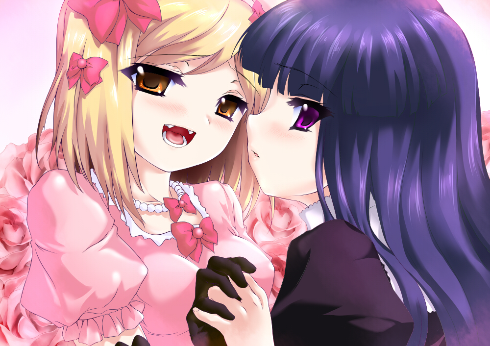 nimu, frederica bernkastel, lambdadelta, umineko no naku koro ni, 00s, 2girls, blonde hair, blue hair, bow, fangs, flower, gloves, hair bow, holding hands, jewelry, long hair, multiple girls, necklace, open mouth, orange eyes, purple eyes, rose, short hair, yellow eyes, yuri