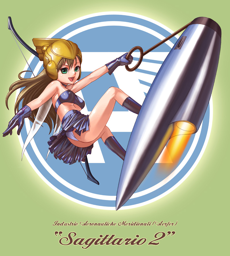 janome gochou, aerfer sagittario 2, original, jet, 1girl, aircraft, airplane, ass, bandeau, boots, bow (weapon), breasts, covered erect nipples, female focus, gloves, green eyes, helmet, medium breasts, midriff, open mouth, panties, pantyshot, personification, skirt, smile, solo, underboob, underwear, upskirt, weapon