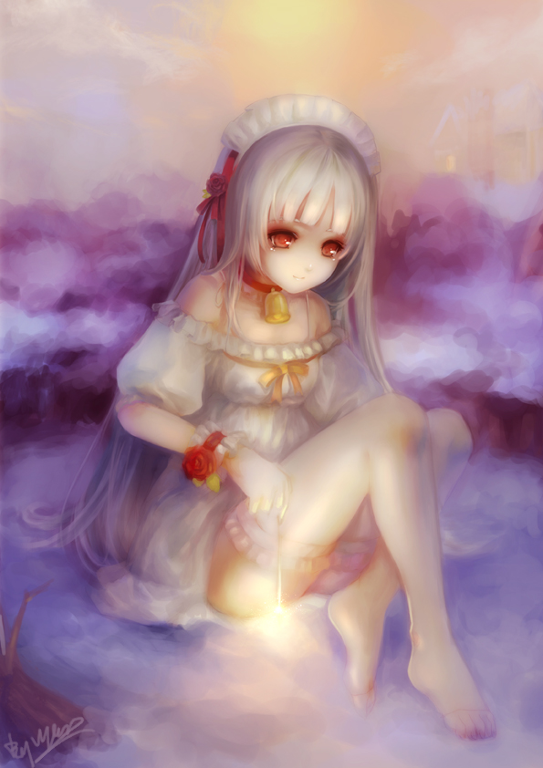yoru (xueyinye), el (sound horizon), elysion, sound horizon, bad id, bad pixiv id, 1girl, albino, barefoot, bell, choker, feet, female focus, fireworks, hairband, long hair, maid headdress, red eyes, senkou hanabi, sitting, solo, sparkler, thighhighs, very long hair, white hair, wrist cuffs