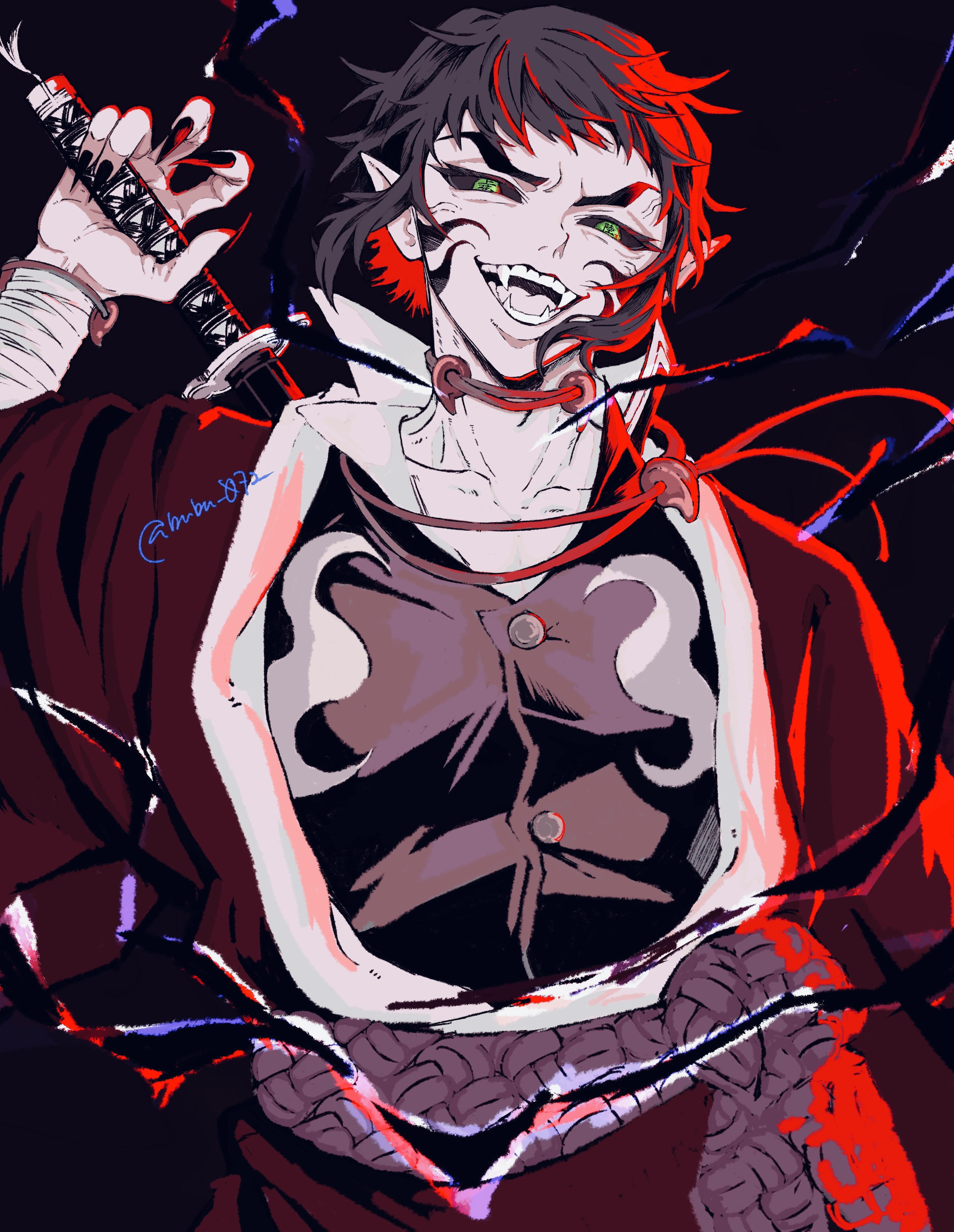 kaigaku, kimetsu no yaiba, absurdres, highres, 1boy, black background, black hair, black nails, black sclera, bubu 072, buttons, collarbone, colored sclera, fangs, fingernails, green eyes, holding, holding sword, holding weapon, katana, long fingernails, looking at viewer, male focus, open mouth, short hair, smile, solo, spiked hair, sword, tongue, upper body, weapon