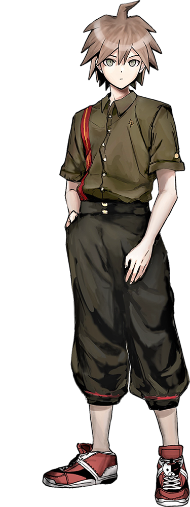 monokuma, naegi makoto, danganronpa: trigger happy havoc, danganronpa (series), artist request, official art, second-party source, 1boy, ahoge, alternate costume, black pants, brown hair, closed mouth, collared shirt, full body, green shirt, hand in pocket, male focus, pants, red shoes, shirt, shoes, short hair, short sleeves, single suspender, solo, standing, transparent background