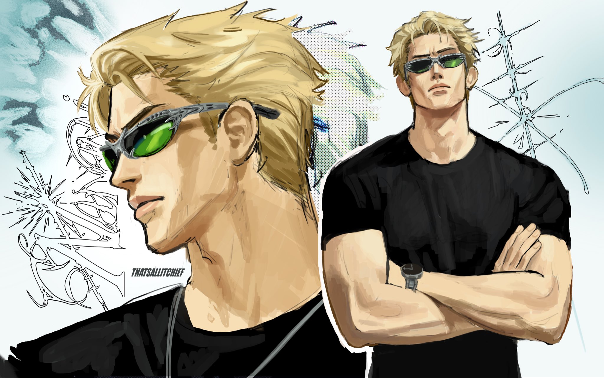 thatsallitchief, nanami kento, jujutsu kaisen, commentary, english commentary, highres, 1boy, black shirt, blonde hair, closed mouth, crew neck, crossed arms, frown, green-tinted eyewear, lips, male focus, medium sideburns, multiple views, shirt, short hair, short sleeves, sunglasses, t-shirt, tinted eyewear, twitter username