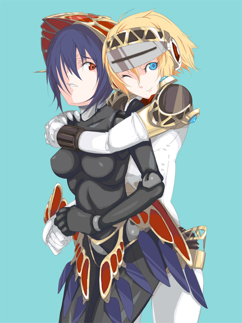 ghost-q, aigis (persona), metis (persona), atlus, persona, persona 3, persona 3 the answer, 2girls, ;), ahoge, android, belt, black bodysuit, blonde hair, blue background, blue eyes, blue hair, bodysuit, breasts, closed mouth, collarbone, cowboy shot, hair over one eye, helmet, hug, hug from behind, looking at viewer, medium breasts, multiple girls, one eye closed, open mouth, red eyes, short hair, simple background, smile, standing, wink, yuri