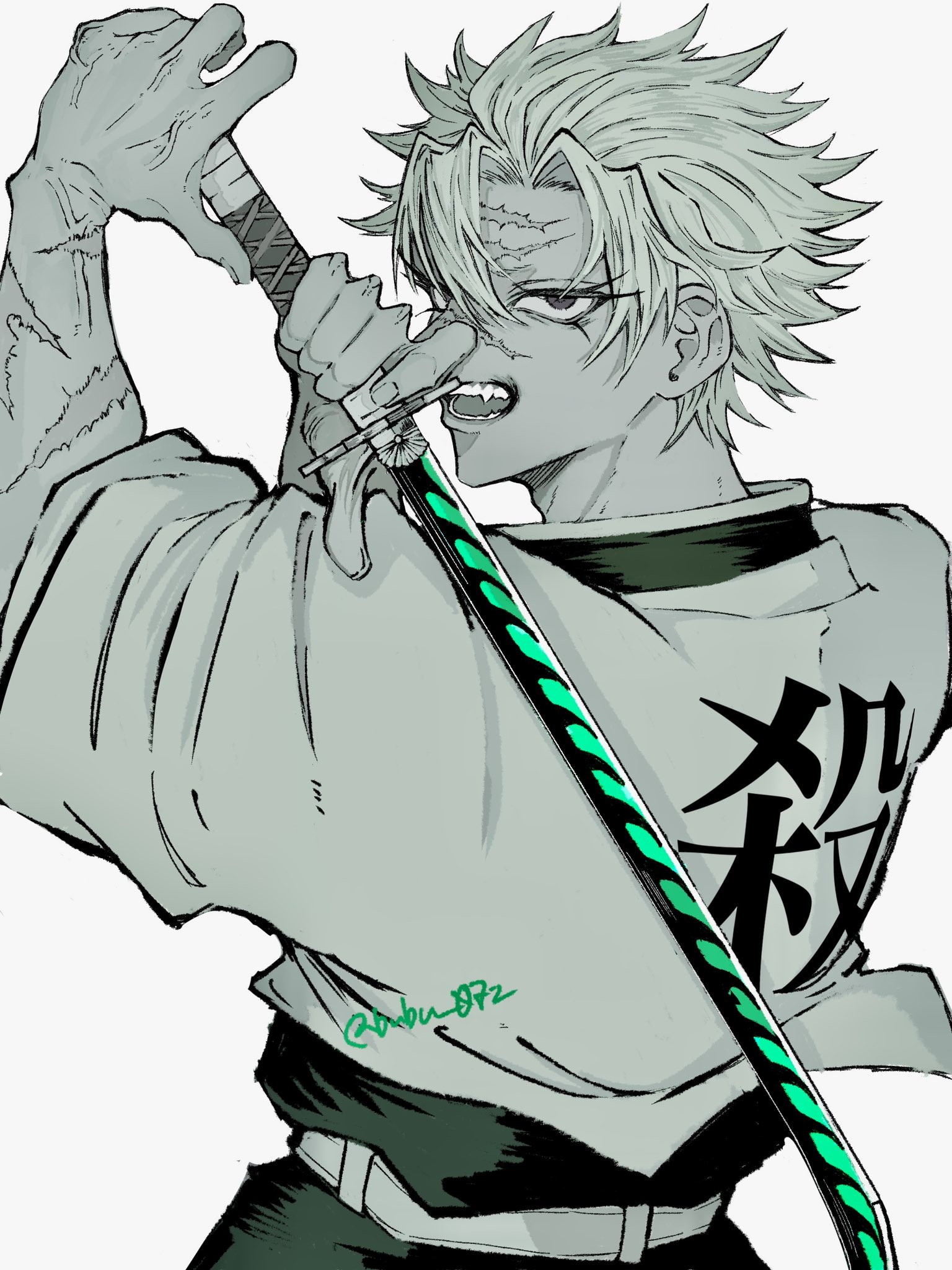 shinazugawa sanemi, kimetsu no yaiba, highres, 1boy, belt, black jacket, black pants, bubu 072, clothes writing, from behind, holding, holding sword, holding weapon, jacket, katana, looking at viewer, male focus, open mouth, pants, purple eyes, scar, scar on face, short hair, simple background, solo, spiked hair, sword, teeth, weapon, white background, white belt, white hair