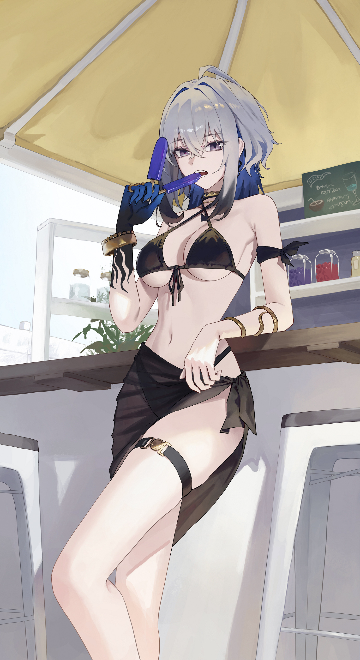 llami 0, galbrena (wuthering waves), wuthering waves, absurdres, commentary, duplicate, highres, pixel-perfect duplicate, 1girl, bare shoulders, bikini, black bikini, blue hair, bracelet, breasts, choker, colored inner hair, criss-cross halter, feet out of frame, food, front-tie bikini top, front-tie top, grey hair, halterneck, holding, holding food, holding popsicle, jewelry, large breasts, multicolored hair, navel, popsicle, purple eyes, sarong, solo, standing, stomach, swimsuit, thigh strap, thighs