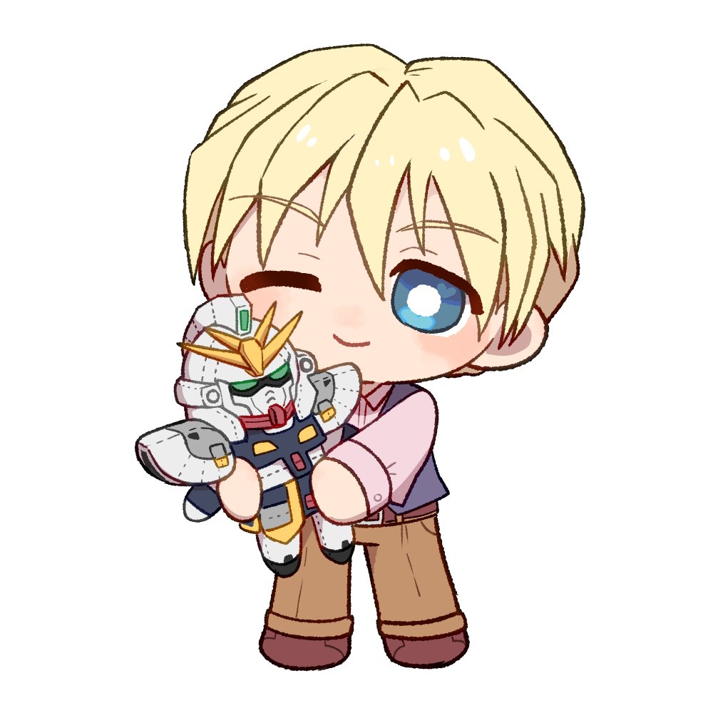 tomato ebichiri, gundam sandrock, quatre raberba winner, gundam, gundam wing, commentary, 1boy, belt, blonde hair, blue eyes, blush, bright pupils, brown belt, brown pants, brown shoes, chibi, closed mouth, collared shirt, dress shirt, full body, hair between eyes, holding, holding stuffed toy, light smile, long sleeves, looking at viewer, male focus, pants, shirt, shoes, short hair, simple background, solo, standing, stuffed toy, vest, white background, white pupils