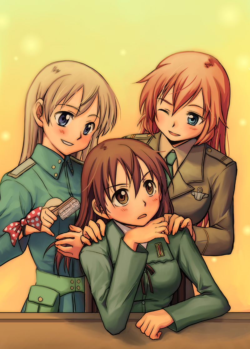 niina ryou, charlotte e. yeager, eila ilmatar juutilainen, gertrud barkhorn, strike witches, world witches series, hand on shoulder, silver hair, bad id, bad pixiv id, 00s, 3girls, alternate hairstyle, aqua eyes, blue eyes, blush, bow, brown eyes, brown hair, brushing another's hair, brushing hair, grin, hair brush, hair down, hairdressing, head rest, long hair, military, military uniform, multiple girls, one eye closed, open mouth, orange hair, smile, wink
