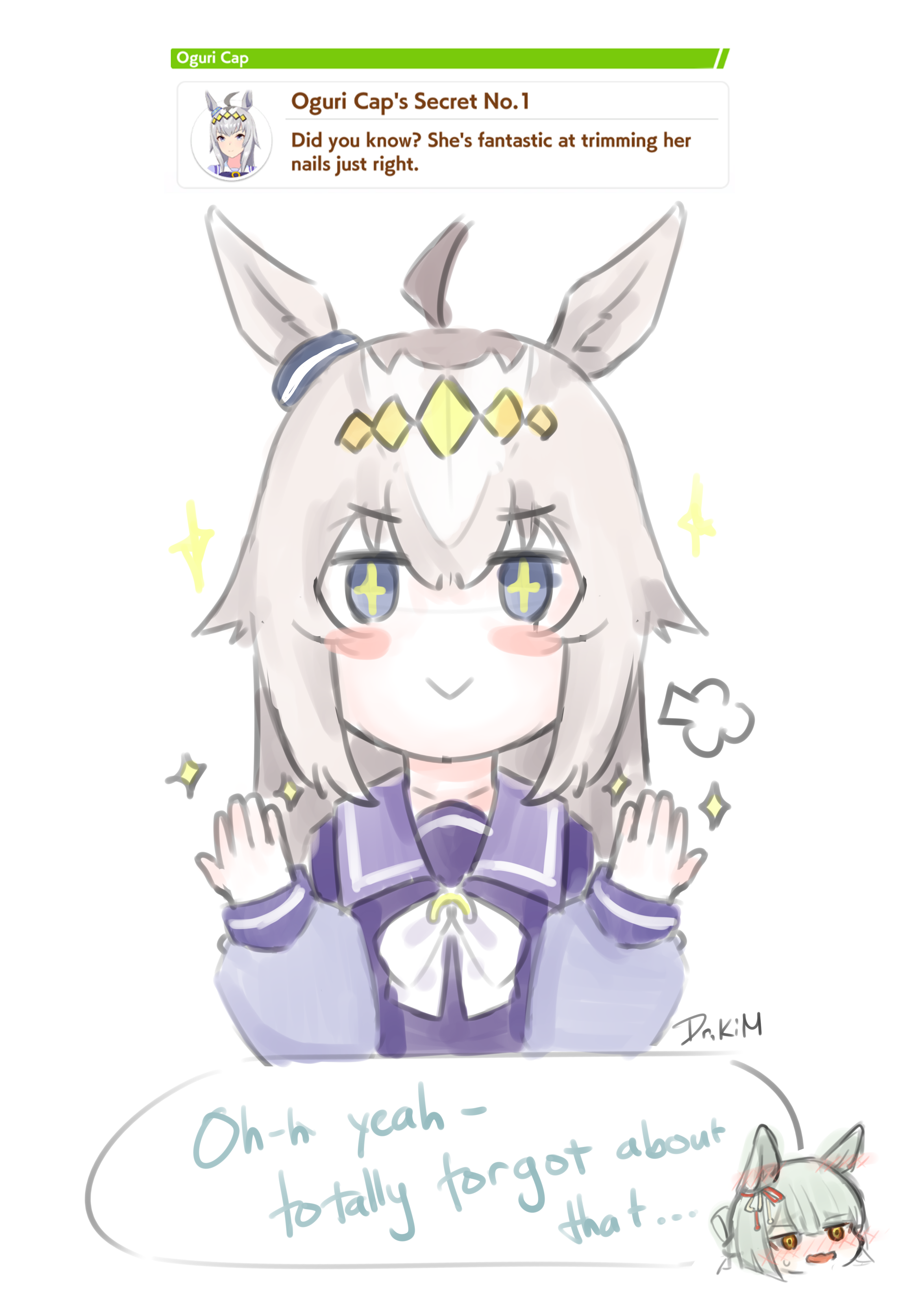dr.kim, fujimasa march (umamusume), oguri cap (umamusume), umamusume, absurdres, highres, 1girl, :>, ahoge, animal ears, artist name, blue eyes, blue ribbon, blush, bow, chibi, chibi inset, closed mouth, ear ribbon, green hair, grey hair, hairband, hands up, horse ears, horse girl, multicolored hair, puff of air, purple sailor collar, purple shirt, ribbon, sailor collar, school uniform, shirt, signature, simple background, smile, speech bubble, star-shaped pupils, star (symbol), symbol-shaped pupils, tracen school uniform, white background, yellow hairband
