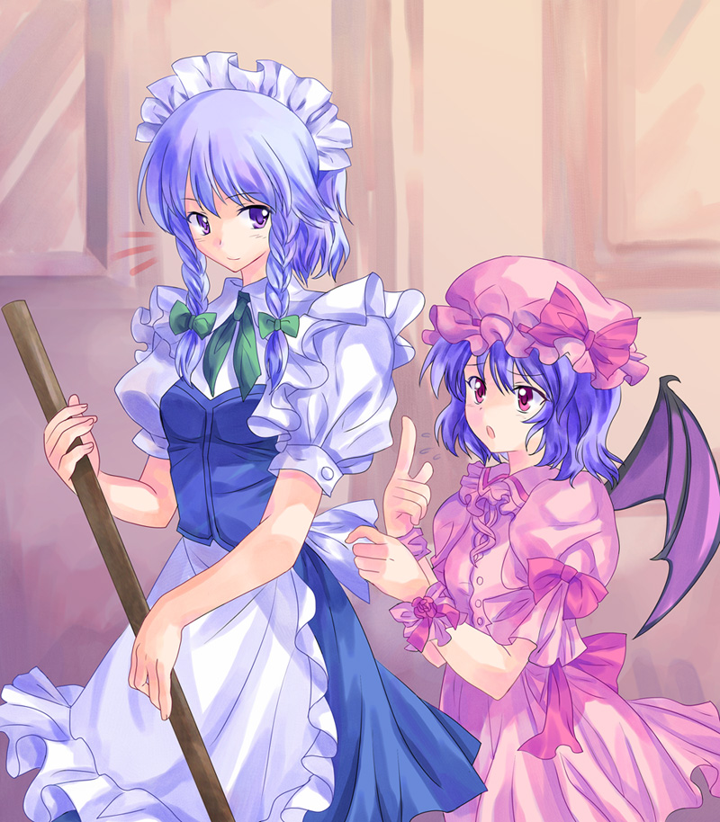 pico (picollector79), izayoi sakuya, remilia scarlet, touhou, silver hair, bad id, bad pixiv id, 2girls, bat wings, broom, female focus, frills, hat, holding, maid, maid headdress, mob cap, multiple girls, puffy short sleeves, puffy sleeves, purple hair, red eyes, short hair, short sleeves, upper body, vampire, wings