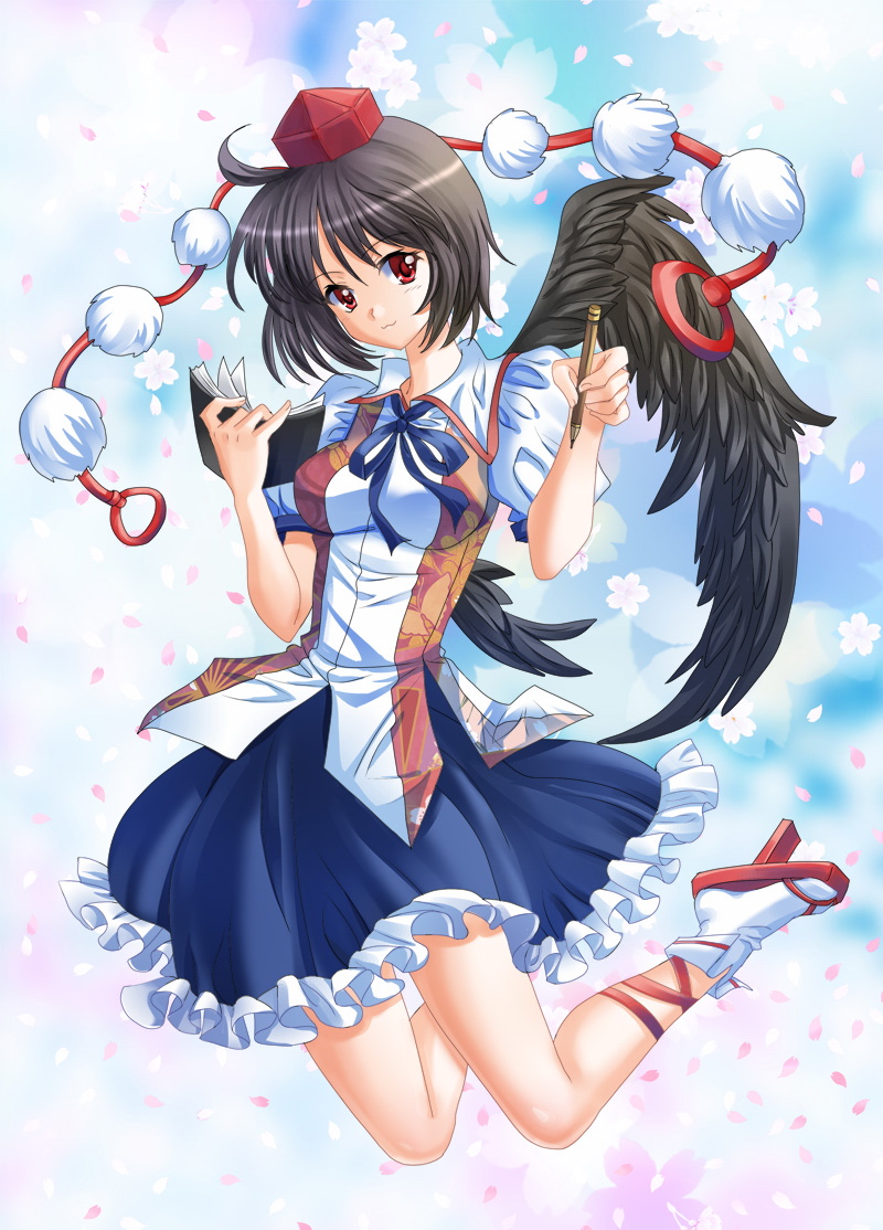 pico (picollector79), shameimaru aya, touhou, bad id, bad pixiv id, 1girl, :3, black hair, black wings, female focus, geta, hat, looking at viewer, notebook, pencil, red eyes, ribbon, skirt, solo, tengu-geta, tokin hat, wings, wooden pencil