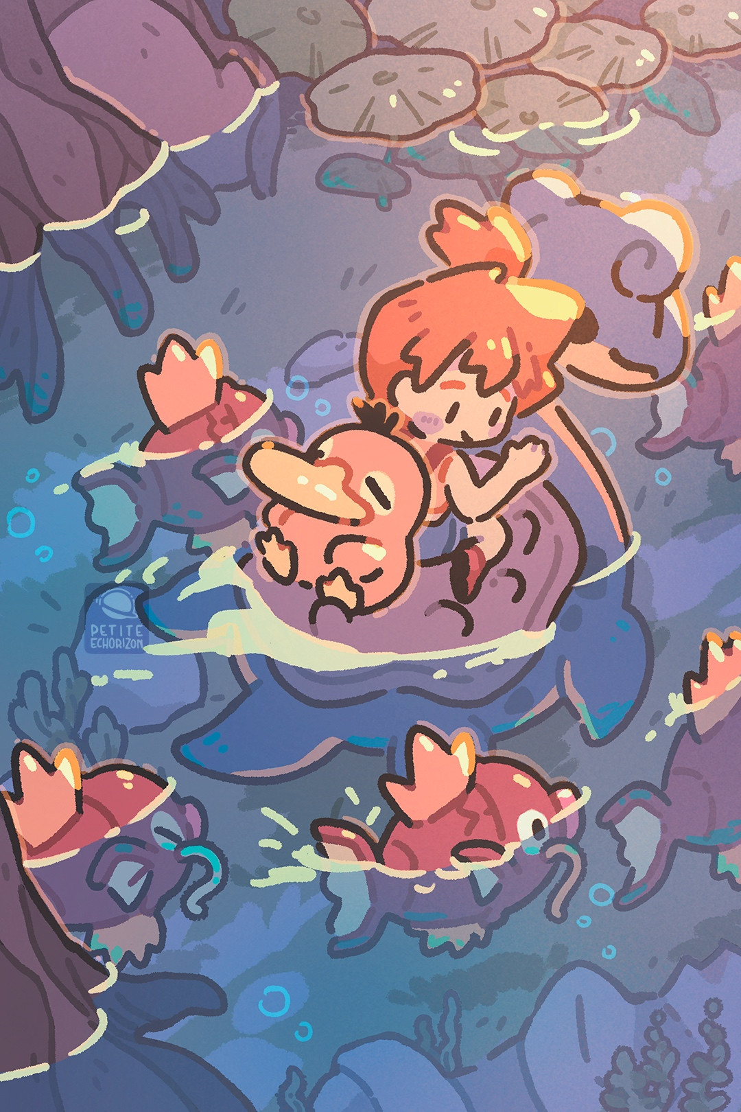 petite echorizon, lapras, magikarp, misty (pokemon), psyduck, nintendo, pokemon, pokemon (anime), pokemon (classic anime), pokemon rgby, 1girl, afloat, air bubble, artist name, bird, blush stickers, bubble, closed eyes, closed mouth, duck, fish, gen 1 pokemon, lily pad, orange hair, outdoors, pokemon (creature), riding, riding pokemon, rock, shirt, short hair, shorts, side ponytail, sitting, smile, solid oval eyes, swimming, tongue, underwater, water