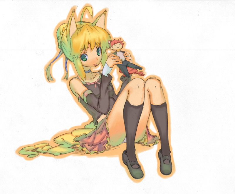 sandarumi, artoria pendragon (fate), emiya shirou, saber (fate), fate/stay night, fate (series), 00s, ahoge, alternate costume, animal ears, doll, green eyes, panties, ribbon, socks, solo, tongue, underwear