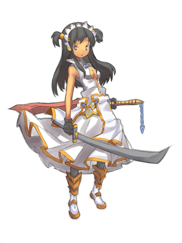 sandarumi, 1girl, boots, breasts, cleavage, female focus, simple background, solo, sword, weapon