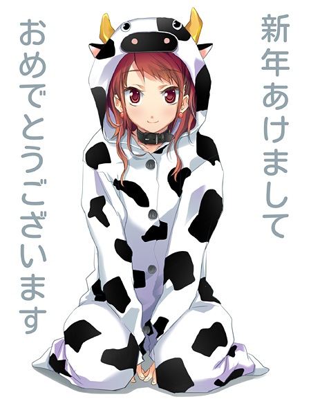 tsuji yuzu, kujikawa rise, atlus, persona, persona 4, translation request, 1girl, akeome, animal costume, animal print, cow costume, cow print, female focus, happy new year, jumpsuit, new year, simple background, sitting, solo, white background