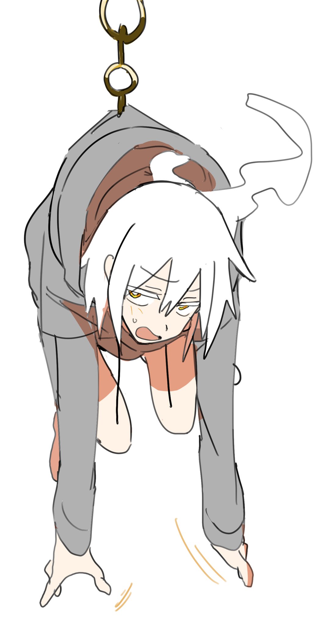 konro kon, original, 1girl, grey hoodie, hood, hood down, hoodie, short hair, solo, white background, white hair