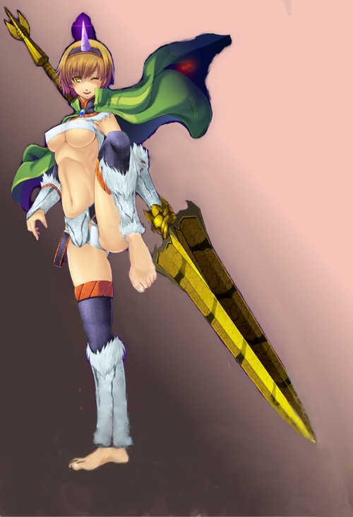 satonaka chie, atlus, capcom, monster hunter (series), persona, persona 4, shin megami tensei, artist request, 1girl, barefoot, breasts, cape, crop top, crossover, feet, horns, huge weapon, kirin (armor), large breasts, midriff, one eye closed, polearm, single horn, smile, sword, swordstaff, toes, underboob, weapon, wink