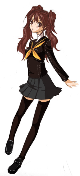 nekomura maccha, kujikawa rise, atlus, persona, persona 4, 1girl, black serafuku, black thighhighs, blush, brown eyes, brown hair, female focus, looking at viewer, neckerchief, school uniform, serafuku, solo, thighhighs, twintails, zettai ryouiki