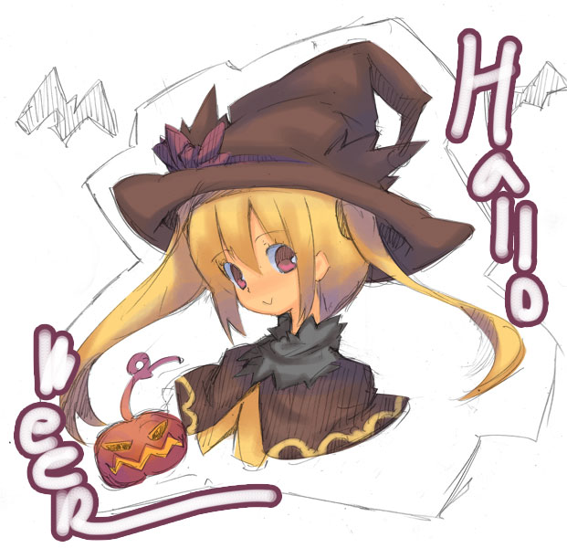 sandarumi, original, 1girl, blonde hair, female focus, halloween, hat, jack-o'-lantern, long hair, pumpkin, purple eyes, smile, solo, upper body, witch hat