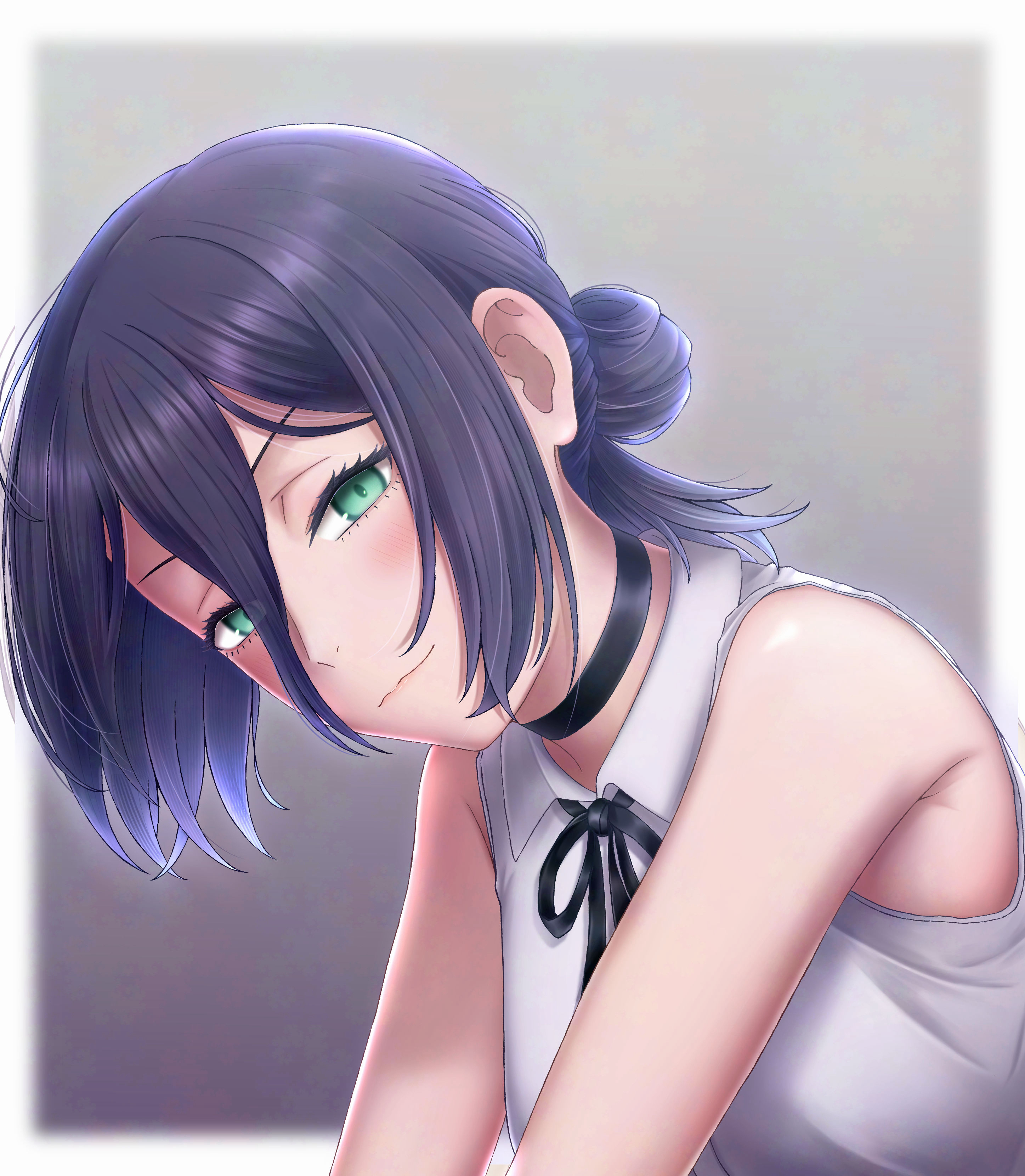 reze (chainsaw man), chainsaw man, absurdres, highres, 1girl, black choker, black hair, black ribbon, choker, closed mouth, green eyes, hair between eyes, hair bun, looking at viewer, mumei n631, neck ribbon, ribbon, shirt, sleeveless, sleeveless shirt, solo, white shirt