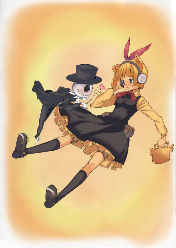 sandarumi, 1girl, animal ears, bag, bow, dress, earmuffs, female focus, hair bow, hair ribbon, heart, ribbon, socks, solo