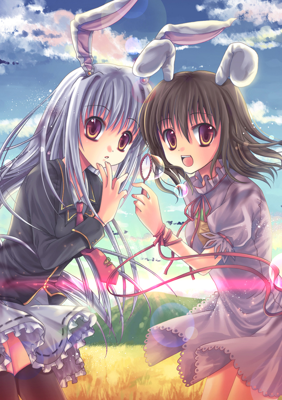 sousou (artist), sousouman, inaba tewi, reisen udongein inaba, touhou, bad id, bad pixiv id, 2girls, animal ears, blazer, blowing bubbles, blue hair, brown eyes, brown hair, bubble, dress, female focus, field, jacket, long hair, multiple girls, necktie, pink dress, rabbit ears, ribbon, sunlight, thighhighs, wrist ribbon, zettai ryouiki