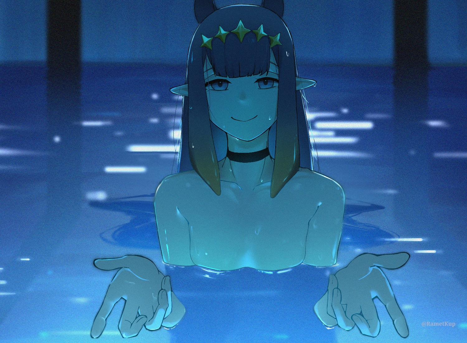 ninomae ina'nis, chainsaw man, hololive, hololive english, 1girl, blue eyes, choker, collarbone, completely nude, gradient hair, hair ornament, in water, long hair, looking at viewer, multicolored hair, nude, orange hair, parody, pointy ears, pov, purple hair, rametkup, reaching, reaching towards viewer, scene reference, smile, virtual youtuber, water