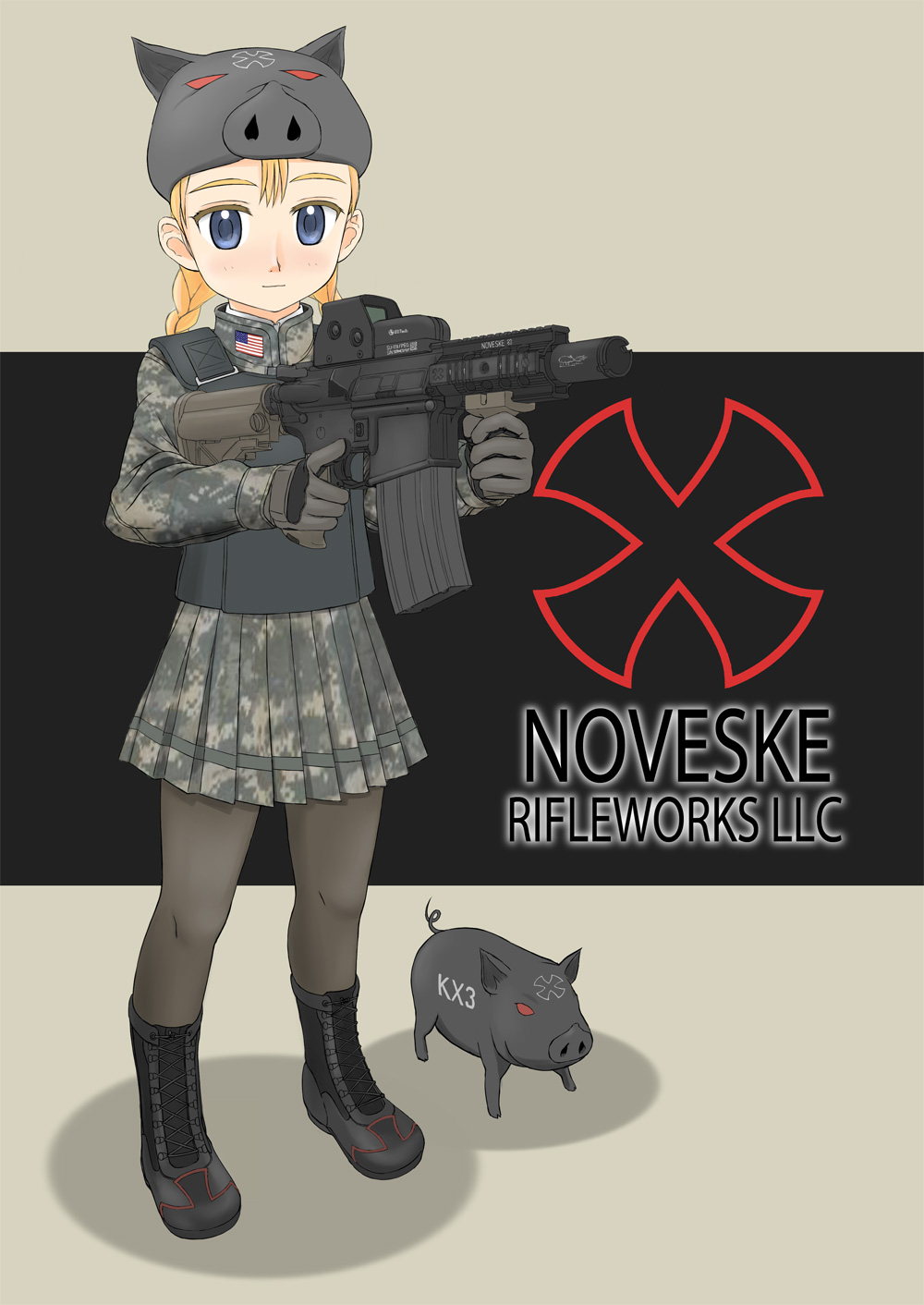 takafumi, original, highres, 1girl, animal hat, armor, assault rifle, boots, braid, camouflage, digital camouflage, eotech, female focus, flag, gun, hat, holding, holding gun, holding weapon, military, pantyhose, personification, pig, product girl, rifle, skirt, solo, trigger discipline, twin braids, united states, weapon