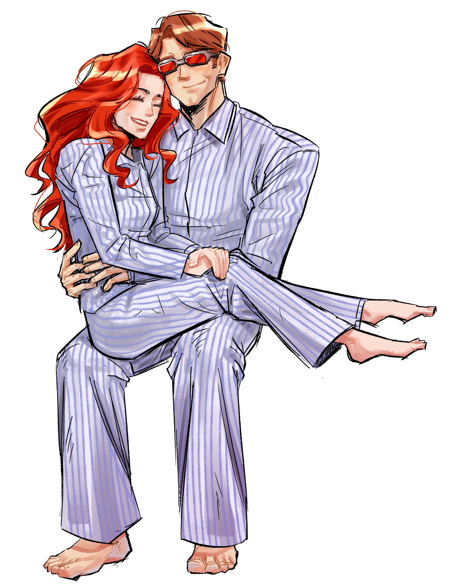 cyclops (x-men), jean grey, marvel, x-men, commentary, highres, korean commentary, 1boy, 1girl, brown hair, closed eyes, couple, full body, grin, gum10 summers, hetero, long hair, looking at another, orange hair, pajamas, short hair, smile, striped clothes, striped pajamas