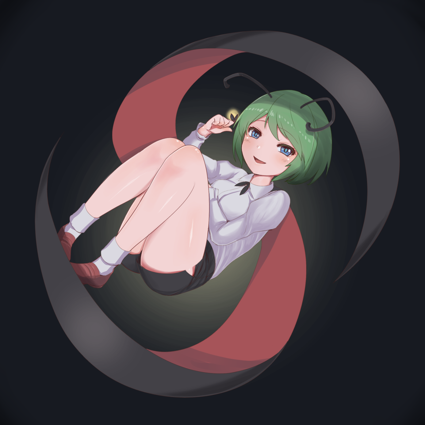 harunoha, wriggle nightbug, touhou, commentary request, highres, 1girl, antennae, black cape, black shorts, blue eyes, blush, breasts, brown shoes, bug, cape, collared shirt, fetal position, firefly, full body, green hair, grey shirt, insect, loafers, long sleeves, looking at viewer, medium breasts, open mouth, red cape, shirt, shoes, short hair, shorts, smile, socks, solo, two-sided cape, two-sided fabric, white socks
