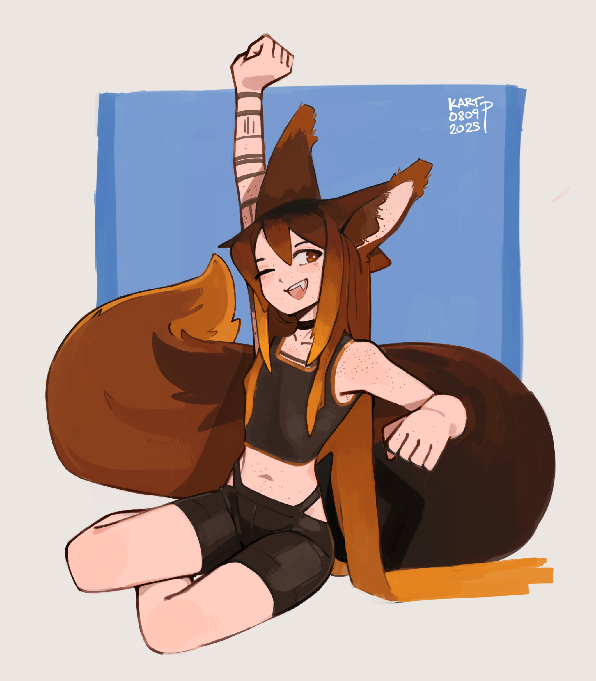 kart prowler, original, commentary, english commentary, highres, 1girl, ;d, animal ear fluff, animal ears, arm tattoo, arm up, black choker, black shirt, black shorts, brown eyes, brown hair, choker, collarbone, crop top, fang, gradient hair, long hair, midriff, multicolored hair, multiple tails, navel, one eye closed, open mouth, orange hair, shirt, shorts, sitting, sleeveless, smile, solo, squirrel ears, squirrel girl, squirrel tail, tail, tattoo, toskr (kart prowler), very long hair