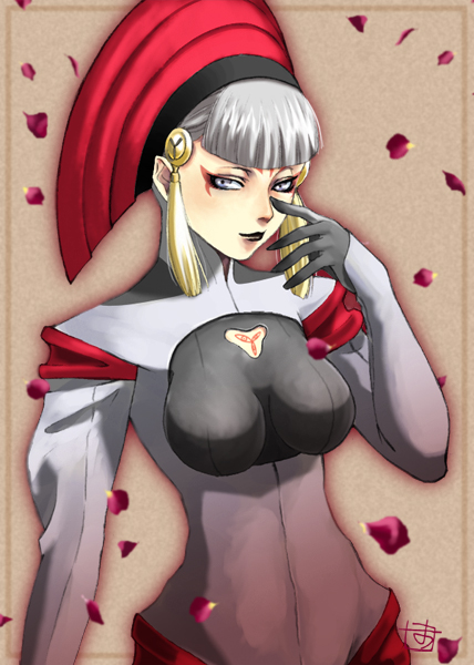 slash (blrendmocha), delphine eraclea, maestro delphine eraclea, last exile, silver hair, uniform, 00s, 1girl, black lips, blue eyes, blunt bangs, bodysuit, breasts, eyeshadow, facial mark, female focus, flower, forehead mark, hair ornament, hat, impossible clothes, impossible shirt, lipstick, makeup, petals, rose petals, shirt, short hair, smile, solo, steampunk