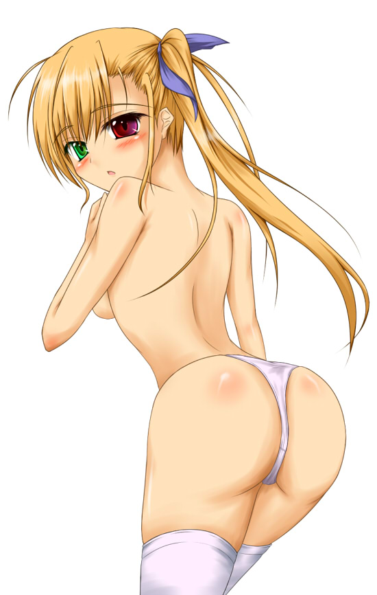 taana, vivio, lyrical nanoha, mahou shoujo lyrical nanoha, mahou shoujo lyrical nanoha movie, mahou shoujo lyrical nanoha strikers, 00s, aged up, ass, hair ribbon, heterochromia, panties, ribbon, solo, thighhighs, thong, underwear