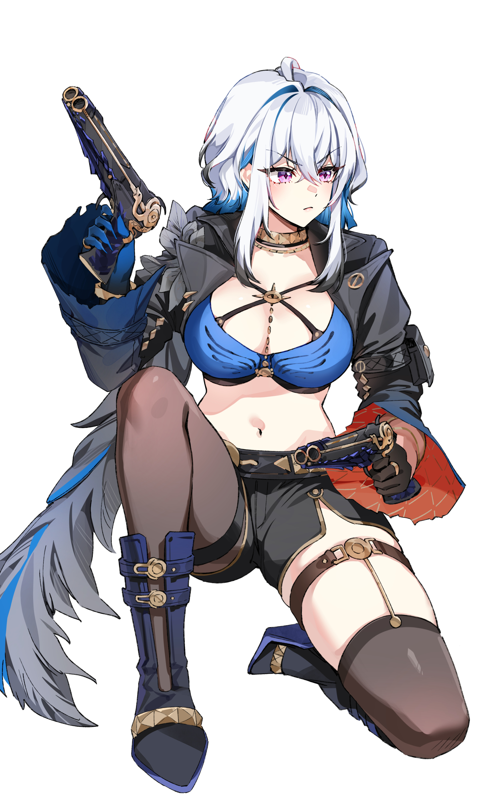 foxyreine, galbrena (wuthering waves), goddess of victory: nikke, wuthering waves, absurdres, commentary, highres, 1girl, black boots, black gloves, black pantyhose, black shorts, black thighhighs, blue bra, boots, bra, breasts, closed mouth, dual wielding, gloves, gold choker, gun, hair between eyes, holding, holding gun, holding weapon, medium breasts, medium hair, meme, navel, nikke's shooting pose (meme), on one knee, pantyhose, pose imitation, purple eyes, shorts, simple background, single glove, single leg pantyhose, single thighhigh, solo, stomach, thigh strap, thighhighs, underwear, v-shaped eyebrows, weapon, white background