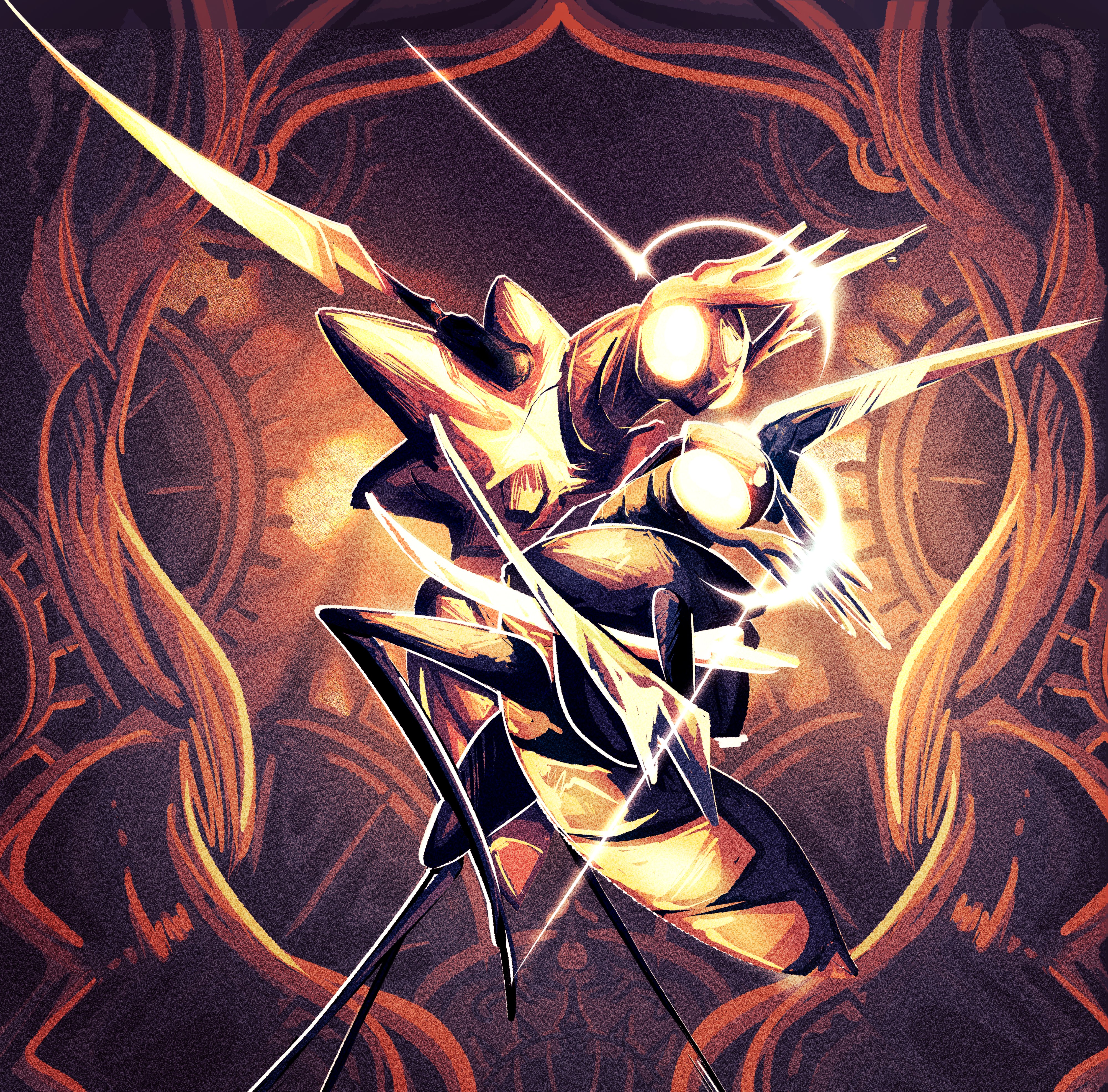theweevilguy, cogwork dancers (hollow knight), hollow knight, hollow knight: silksong, absurdres, highres, 2others, blank eyes, full body, gears, glowing, glowing eyes, multiple others, robot, thread, white eyes