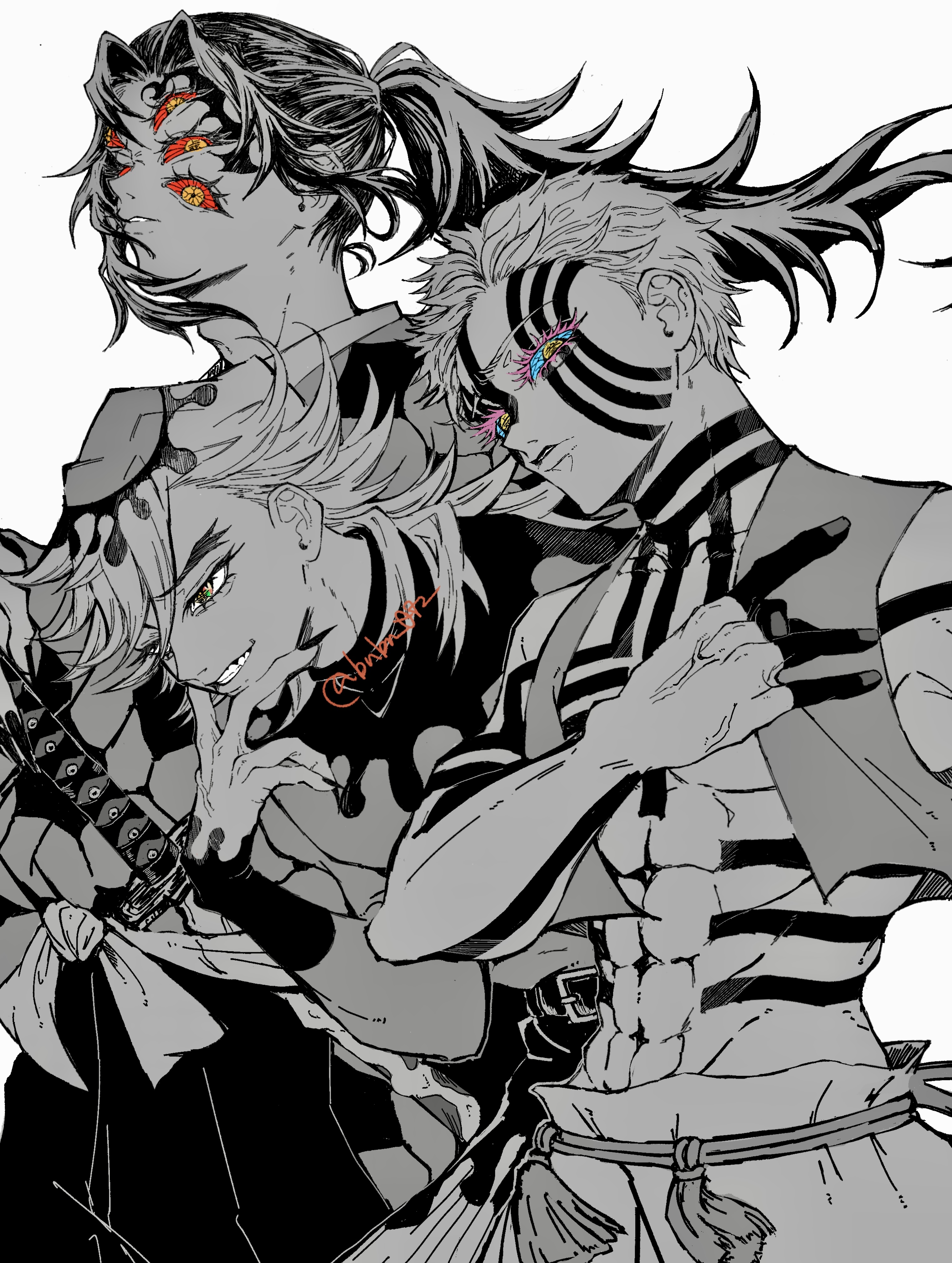 akaza (kimetsu no yaiba), douma (kimetsu no yaiba), kokushibou, kimetsu no yaiba, absurdres, highres, revision, 3boys, abs, blue sclera, bubu 072, colored sclera, extra eyes, facial tattoo, grin, hakama, hand up, japanese clothes, katana, kimono, long hair, male focus, multiple boys, parted lips, print kimono, red sclera, short hair, simple background, smile, spiked hair, sword, tattoo, teeth, toned, toned male, veins, veiny hands, vest, weapon, white background, yellow eyes