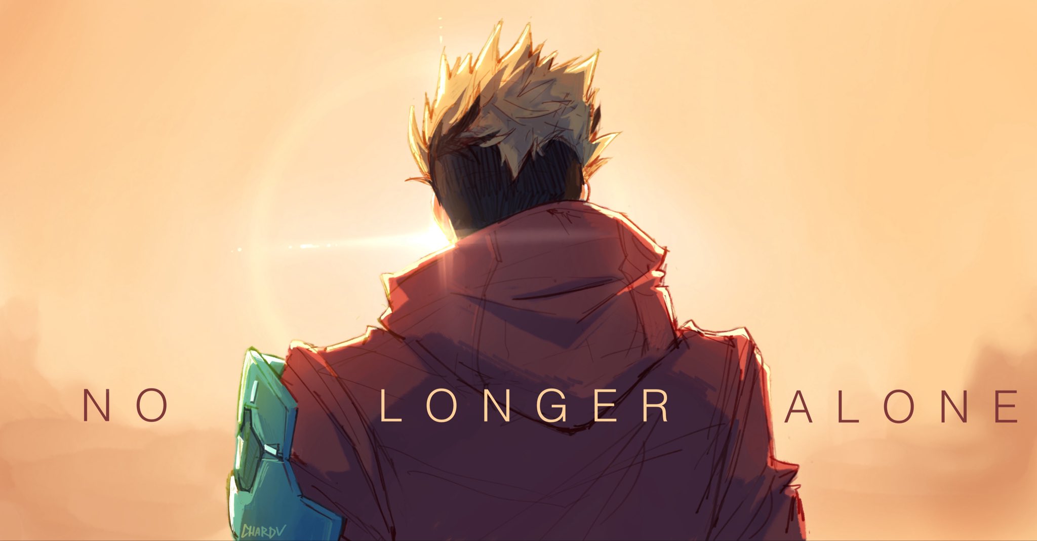 chardu (char), vash the stampede, trigun, trigun stampede, commentary, english commentary, highres, 1boy, black hair, blonde hair, coat, english text, from behind, hood, hood down, hooded coat, male focus, multicolored hair, prosthesis, prosthetic arm, red coat, short hair, solo, two-tone hair