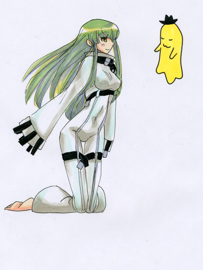 kikuta, c.c., cheese-kun, code geass, pizza hut, traditional media, 00s, 1girl, barefoot, bodysuit, female focus, green hair, kneeling, long hair, sketch, solo