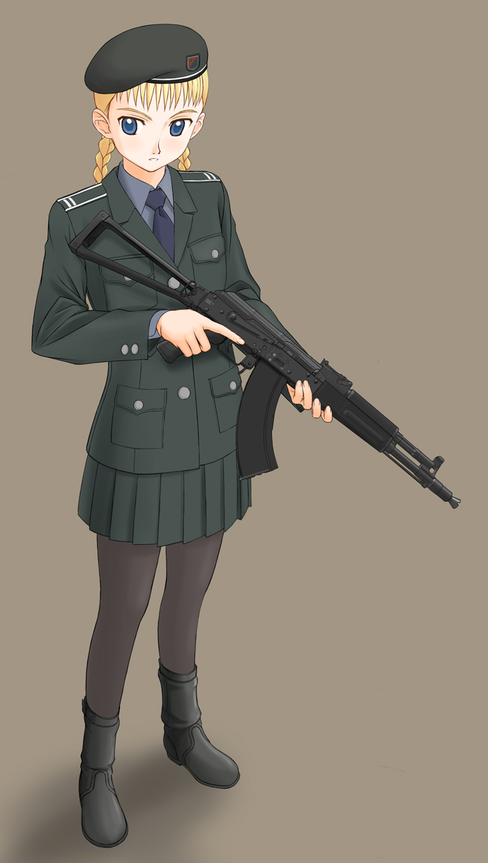 takafumi, uniform, highres, 1girl, ak-100+, ak-104, assault rifle, boots, female focus, gun, kalashnikov, military, necktie, pantyhose, rifle, skirt, solo, weapon