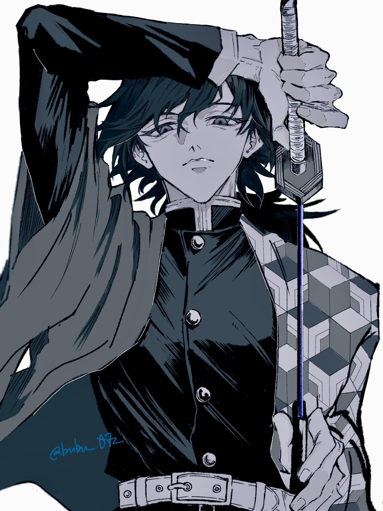 tomioka giyuu, kimetsu no yaiba, highres, 1boy, black hair, black jacket, blue eyes, bubu 072, buttons, demon slayer uniform, haori, high collar, holding, holding sword, holding weapon, jacket, japanese clothes, katana, kikkoumon, looking at viewer, low ponytail, male focus, muted color, parted lips, ponytail, print haori, simple background, solo, spiked hair, sword, teeth, weapon, white background