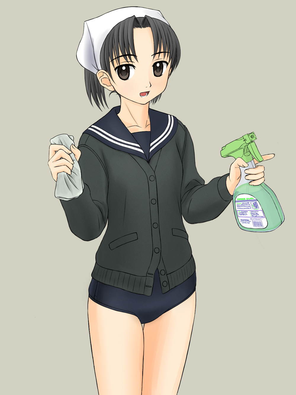 takafumi, highres, cardigan, cleaning, cowboy shot, grey background, one-piece swimsuit, school uniform, serafuku, simple background, solo, swimsuit, swimsuit under clothes