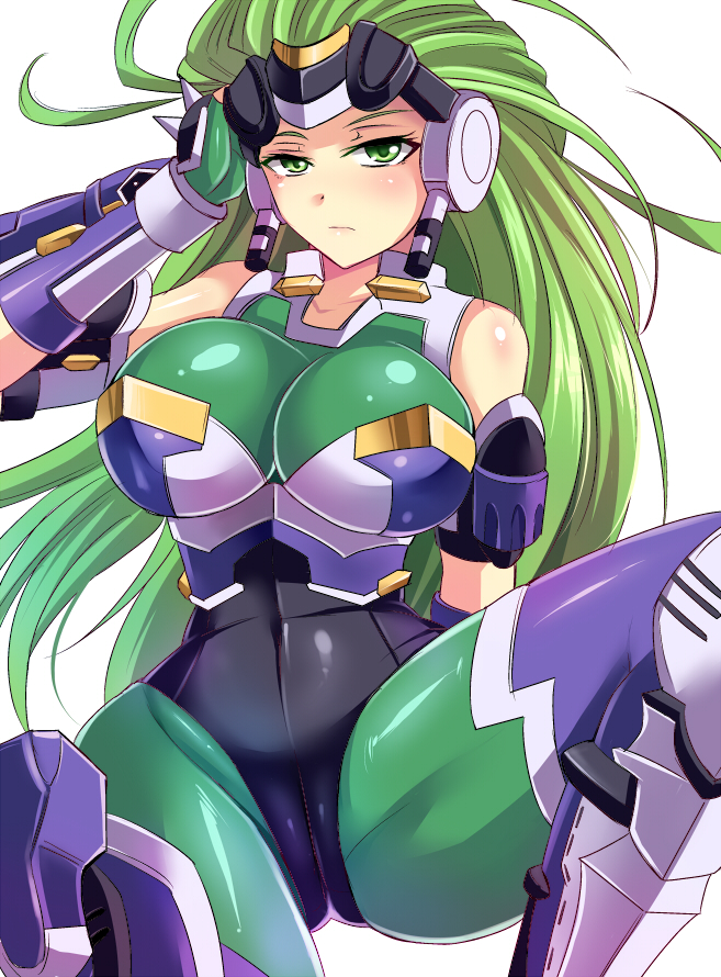 aschen brodel, super robot wars, super robot wars og saga mugen no frontier, artist request, 1girl, bad anatomy, bodysuit, breasts, cameltoe, covered navel, curvy, expressionless, fingerless gloves, gloves, green eyes, green gloves, green hair, highleg, highleg leotard, large breasts, leotard, long hair, looking at viewer, shiny clothes, solo, very long hair, white background, wide hips