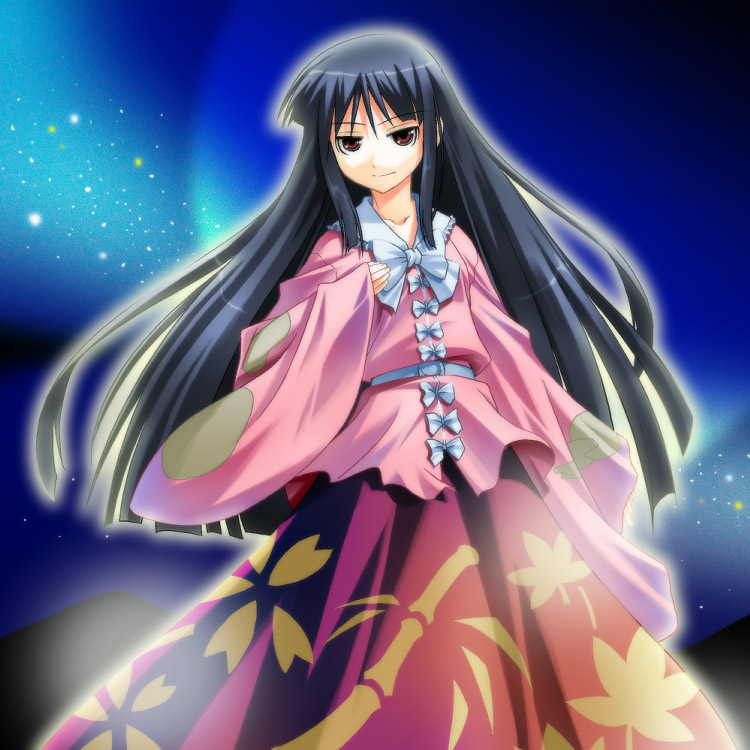 umekichi, houraisan kaguya, touhou, 1girl, black hair, female focus, gradient background, long hair, outdoors, red eyes, sky, solo, standing